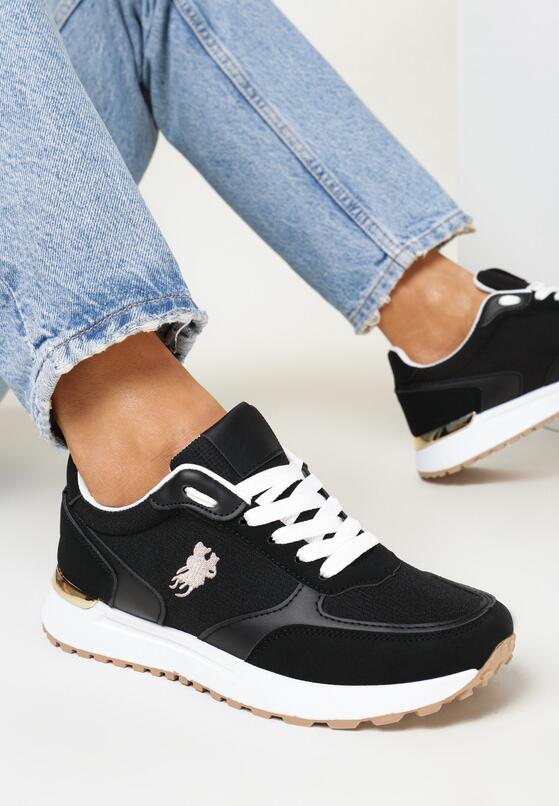 Czarne Sneakersy na Płaskiej Podeszwie z Metaliczną Wstawką Ezrali 2