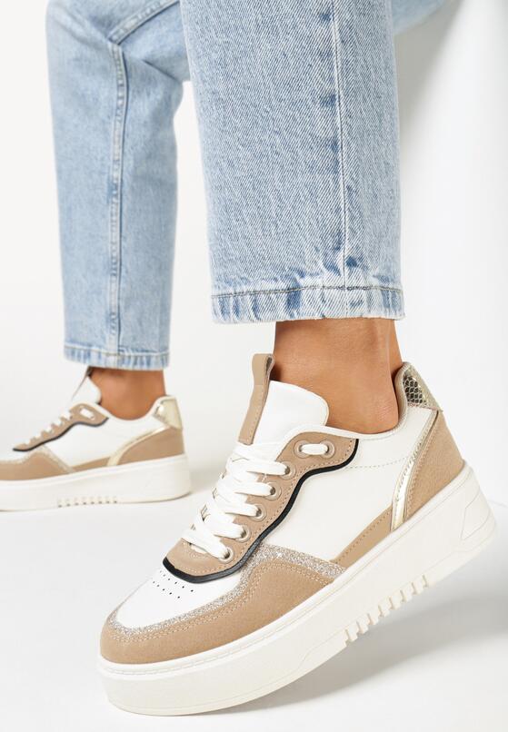 Ciemnobeżowe Sneakersy na Grubej Podeszwie z Brokatem Rowann 1