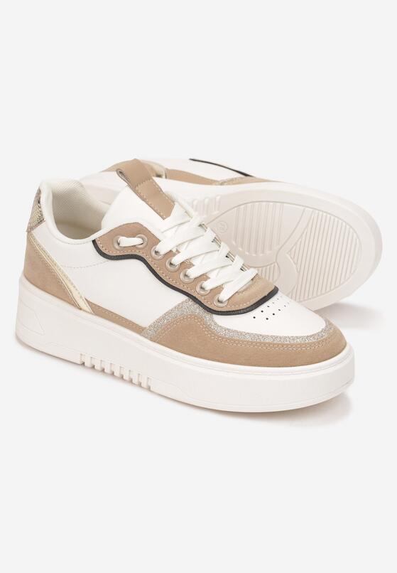 Ciemnobeżowe Sneakersy na Grubej Podeszwie z Brokatem Rowann 4