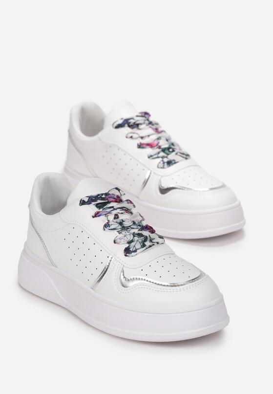 Biało-Srebrne Sneakersy na Grubej Podeszwie z Ozdobnymi Sznurówkami Amarionna 4