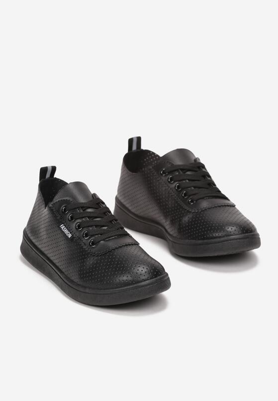 Czarne Tenisówki na Płaskiej Podeszwie z Drobną Perforacją Rephelia 4