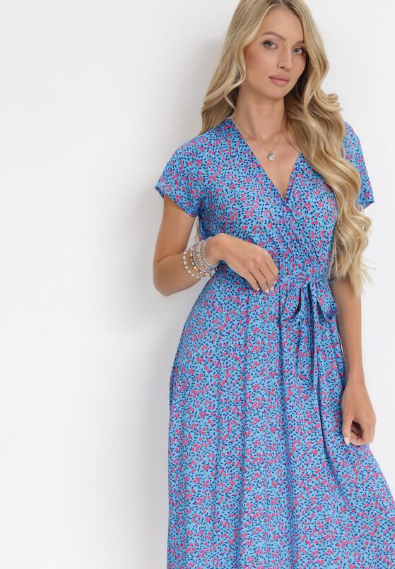 Niebieska Sukienka Maxi z Wiskozy z Gumką w Pasie i Kopertowym Dekoltem Axenie 4