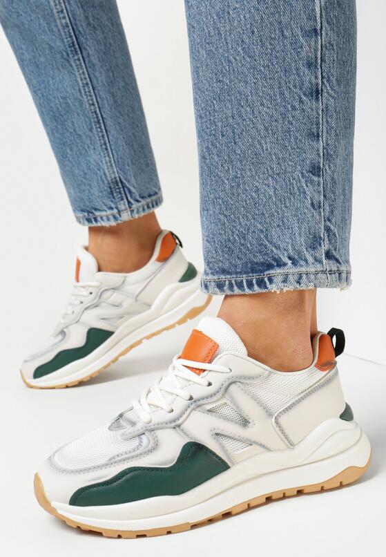 Beżowo-Zielone Sneakersy z Ozdobnymi Przeszyciami Leostia 1