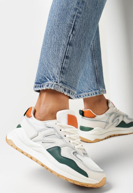 Beżowo-Zielone Sneakersy z Ozdobnymi Przeszyciami Leostia 2