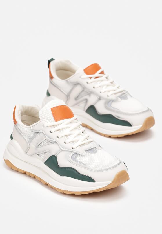 Beżowo-Zielone Sneakersy z Ozdobnymi Przeszyciami Leostia 4