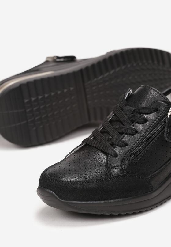 Czarne Sneakersy  ze Skóry Naturalnej na Niskim Koturnie z Ozdobnym Suwakiem Cameda 5