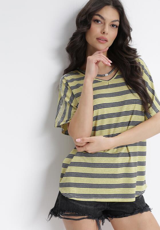 Żółta Bluzka Nietoperz z Ozdobnym Dekoltem i Cyrkoniami na Rękawach Fynna 4