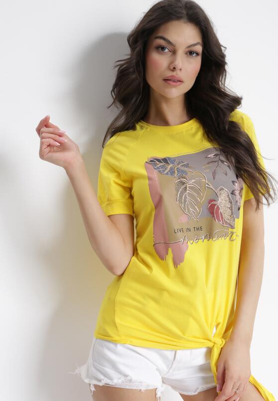 Żółty Bawełniany T-shirt z Brokatowym Nadrukiem i Wiązaniem Edia 2