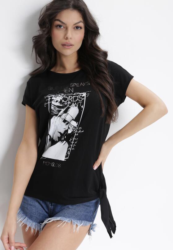 Czarny Długi T-shirt z Nadrukiem i Wiązaniem z Boku Miamimia 4