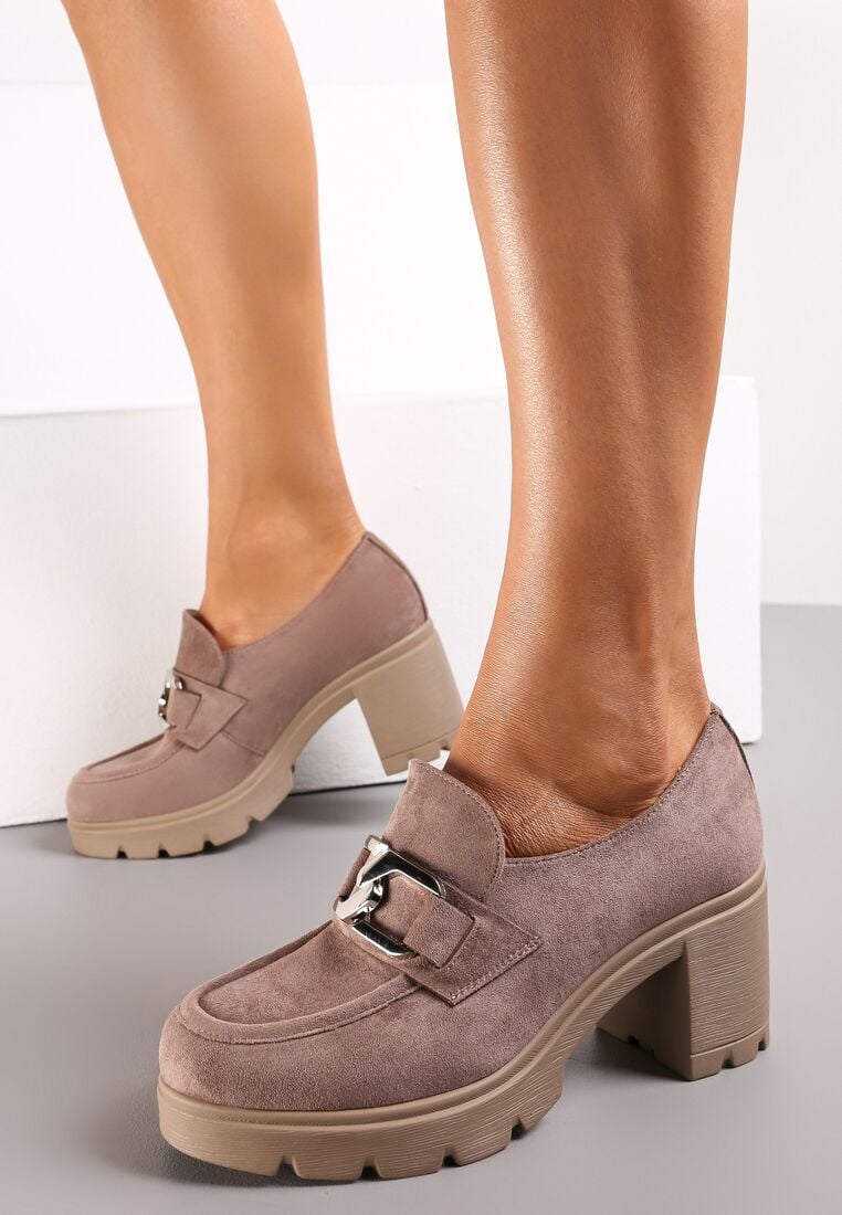 Ciemnobeżowe Półbuty z Klamerką i Obcasem z Bieżnikiem Lathia 1