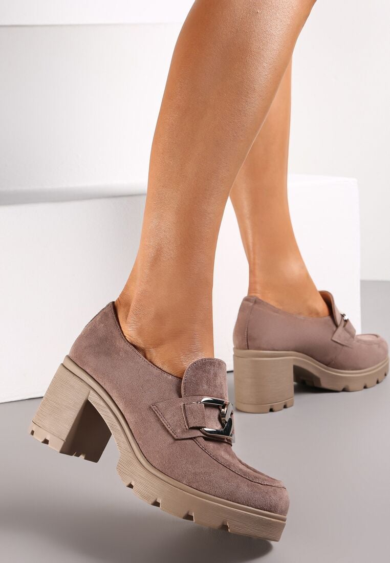 Ciemnobeżowe Półbuty z Klamerką i Obcasem z Bieżnikiem Lathia 2