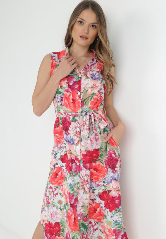 Fuksjowa Koszulowa Sukienka Midi z Materiałowym Paskiem i Rozporkami Saydee 4