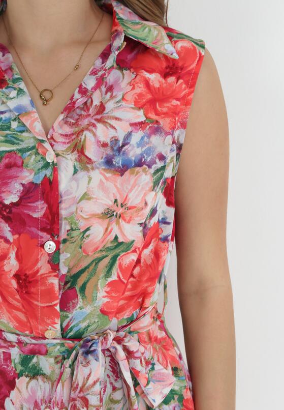 Fuksjowa Koszulowa Sukienka Midi z Materiałowym Paskiem i Rozporkami Saydee 5