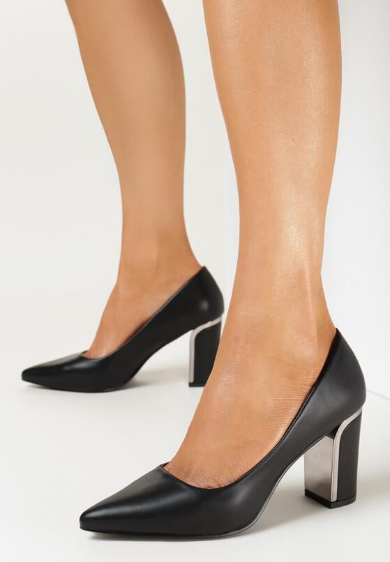 Czarne Czółenka na Słupku z Metaliczną Wstawką i Wkładką ze Skóry Naturalnej Itunza 2