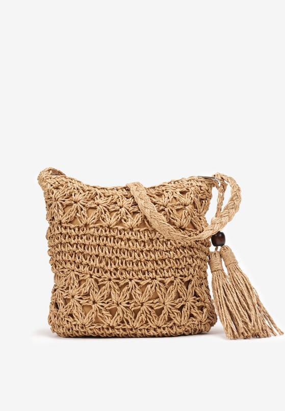 Beżowa Mała Torebka z Plecionki z Frędzlami Falarin 1