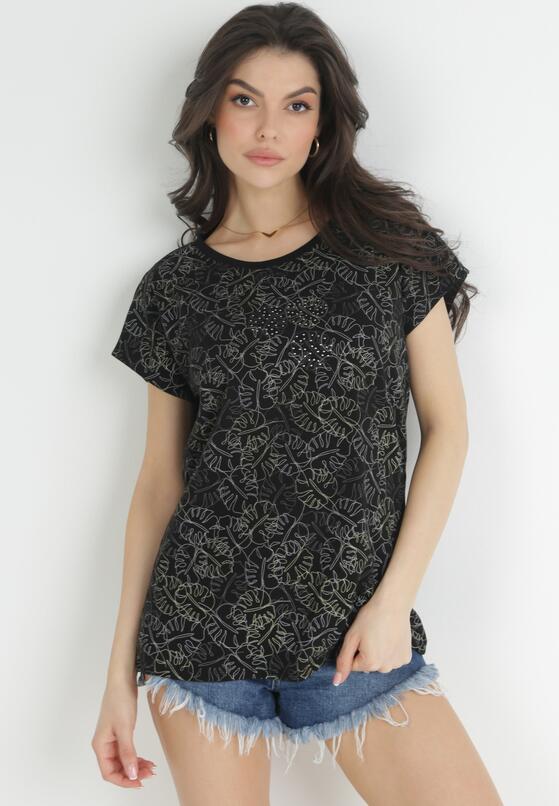 Czarny Bawełniany T-shirt w Listki Monstery z Cyrkoniami Nowaia 1