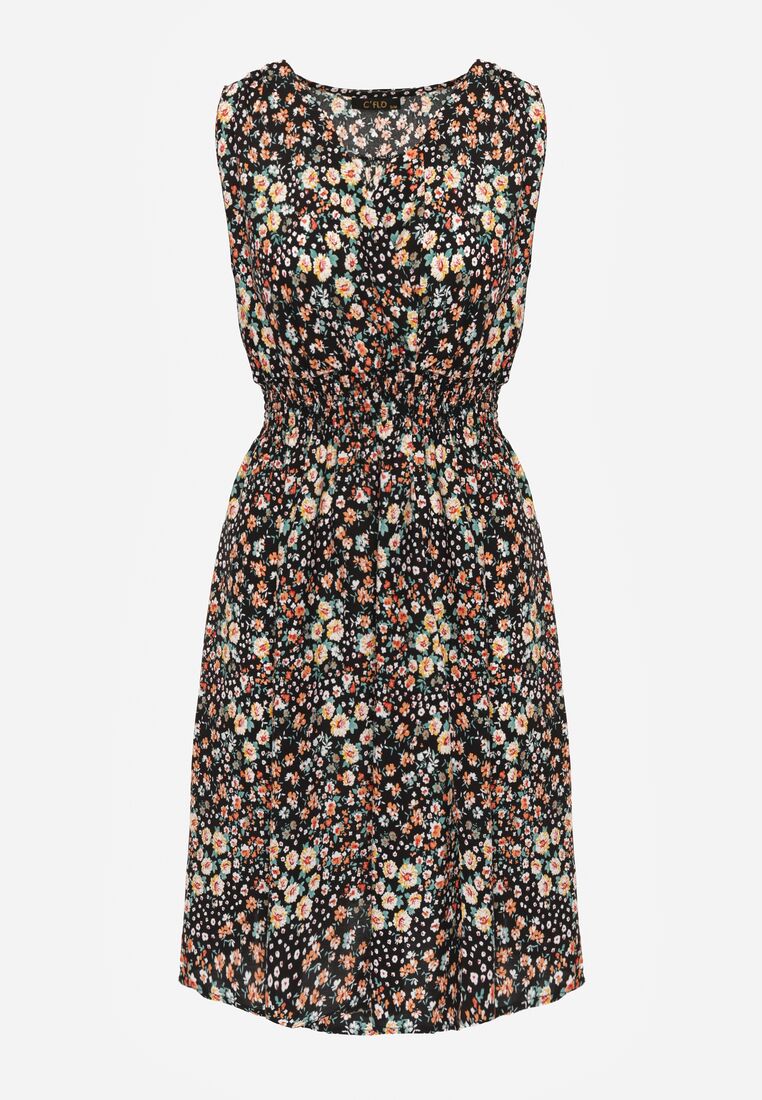 Granatowa Rozkloszowana Sukienka z Wiskozy w Kwiaty Evalis 6