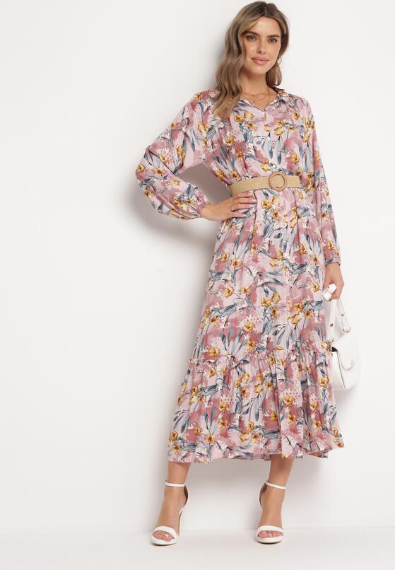 Ciemnor owa Koszulowa Sukienka Maxi W Kwiaty Z Paskiem Bophin Born2be Ciemnor owa Koszulowa Sukienka Maxi W Kwiaty Z Paskiem Bophin Born2be