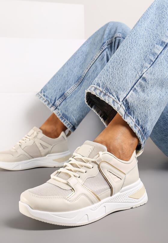 Beżowe Sneakersy na Płaskiej Podeszwie z Ozdobnymi Przeszyciami Ysabella 1