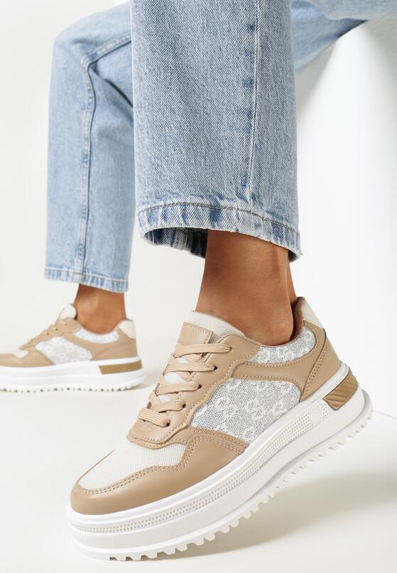 Ciemnobeżowe Sneakersy na Grubej Podeszwie z Brokatowymi Wstawkami Jakelina 1