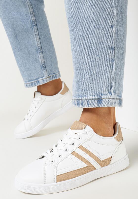 Biało-Beżowe Sneakersy z Cholewką przed Kostkę z Modnymi Przeszyciami Cassamisia 1