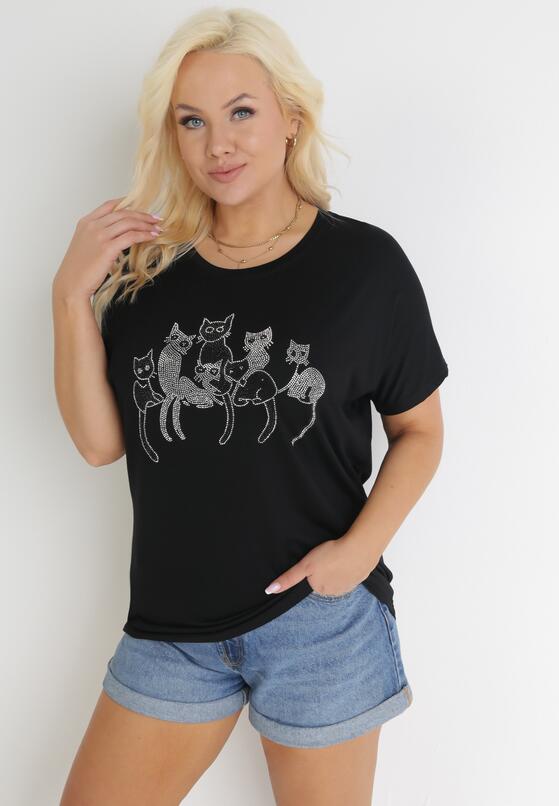 Czarny Bawełniany T-shirt z Krótkim Rękawem z Nadrukiem w Koty z Cekinami Canila 2