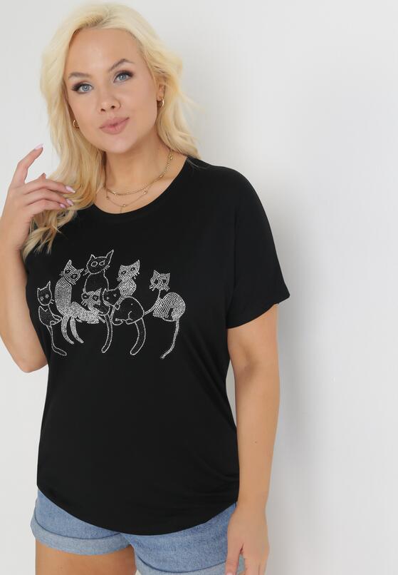 Czarny Bawełniany T-shirt z Krótkim Rękawem z Nadrukiem w Koty z Cekinami Canila 4