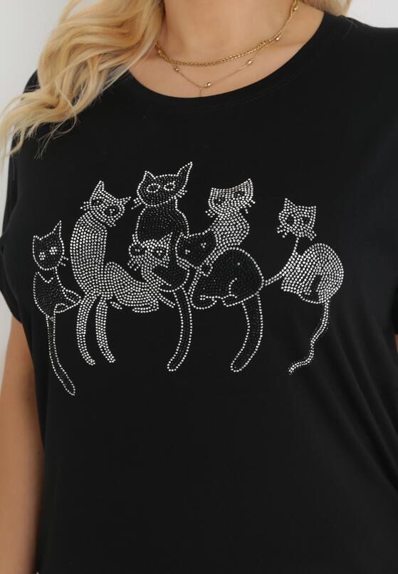 Czarny Bawełniany T-shirt z Krótkim Rękawem z Nadrukiem w Koty z Cekinami Canila 5