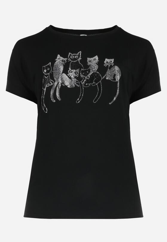 Czarny Bawełniany T-shirt z Krótkim Rękawem z Nadrukiem w Koty z Cekinami Canila 6
