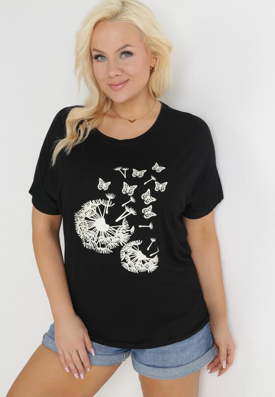 Czarny T-shirt z Nadrukiem w Dmuchawce i Motyle Kyli 1
