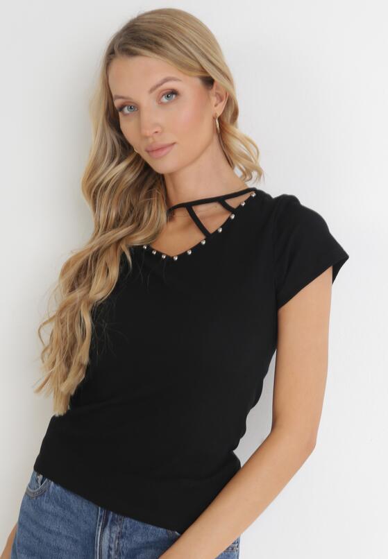 Czarna Prążkowana Bluzka z Ozdobnym Dekoltem z Bawełny Ghorra 4