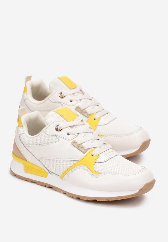 Biało-Żółte Sneakersy z Cholewką przed Kostkę i Ozdobnymi Przeszyciami Elsinaine 4