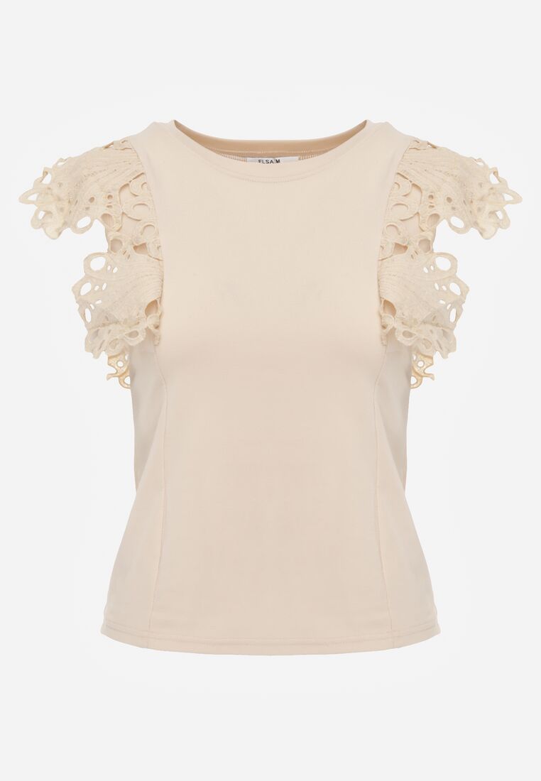 Jasnobeżowy Bawełniany Top z Koronką przy Ramionach Learena 6