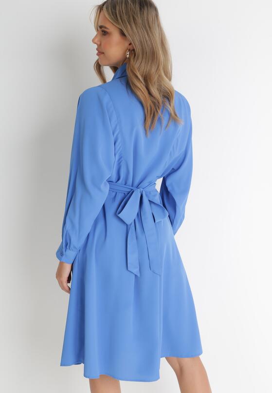 Niebieska Koszulowa Sukienka Trapezowa z Wiązaniem Renner 3