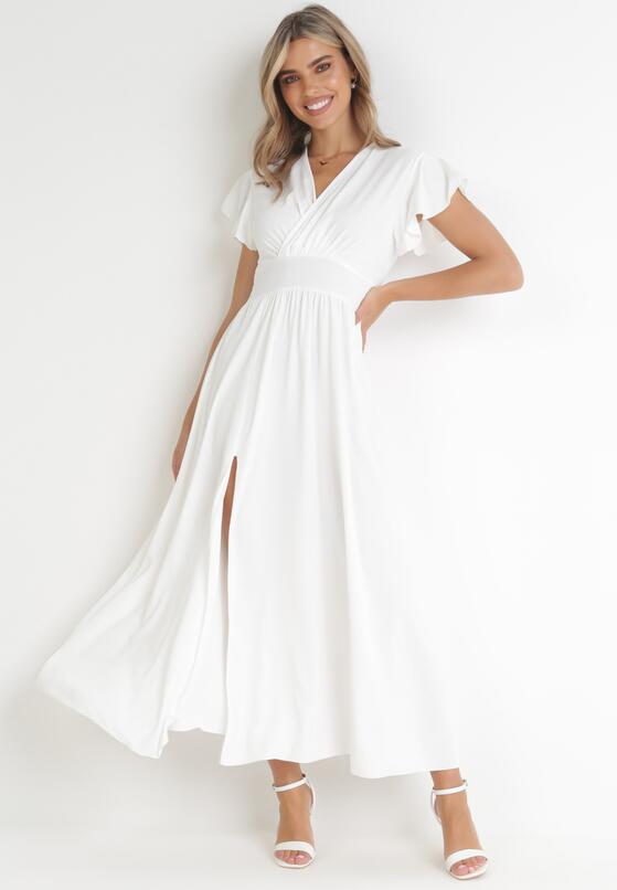 Biała Rozkloszowana Sukienka z Kopertowym Dekoltem Hanriette