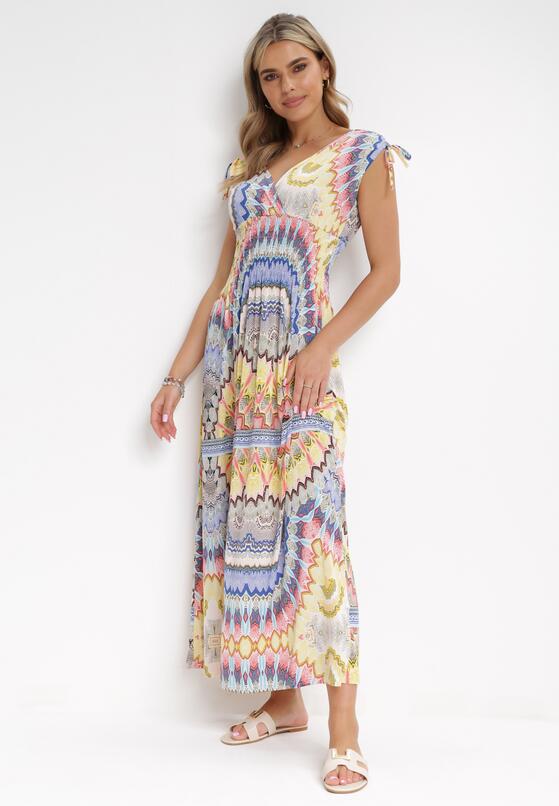 Niebiesko-Zółta Wiskozowa Sukienka Tie Dye Maxi z Marszczoną Gumką w Pasie Lucira 4