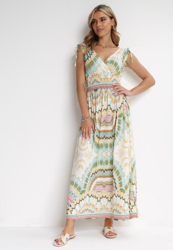 Żółto-Zielona Wiskozowa Sukienka Tie Dye Maxi z Marszczoną Gumką w Pasie Lucira 1