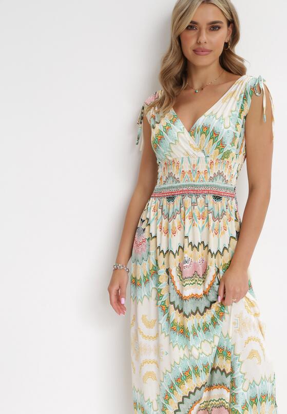 Żółto-Zielona Wiskozowa Sukienka Tie Dye Maxi z Marszczoną Gumką w Pasie Lucira 4