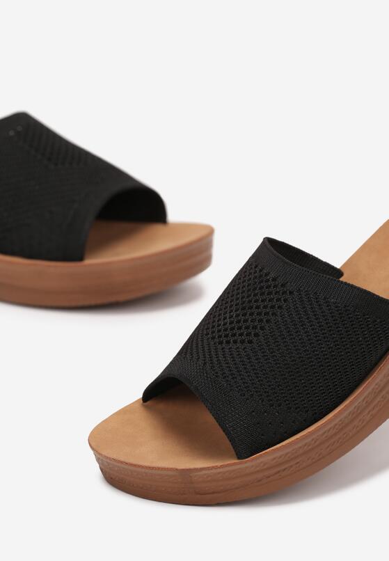 Czarne Klapki na Niskim Koturnie z Szerokim Paskiem Eulline 5