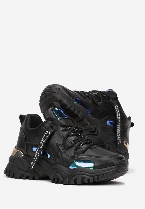 Czarne Sneakersy na Grubej Podeszwie z Bieżnikiem i Modnymi Wstawkami Evin 4