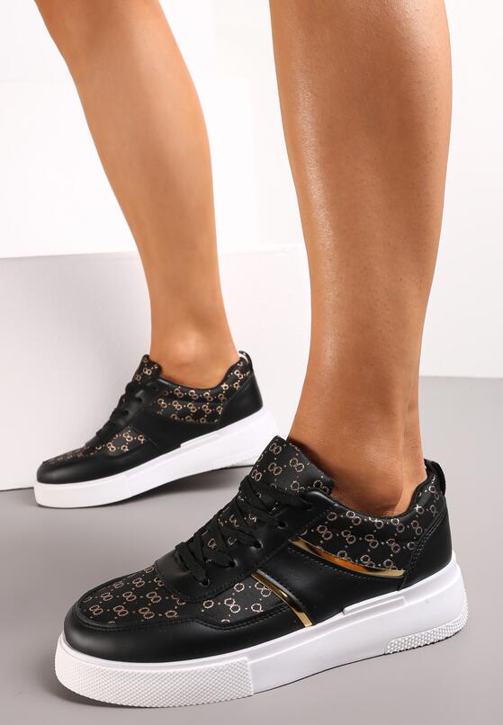 Czarne Sznurowane Sneakersy przed Kostkę z Błyszczącą Nitką Milia 2