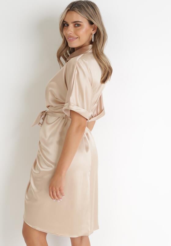 Beżowa Koszulowa Sukienka z Wiązanym Paskiem Kathana 3