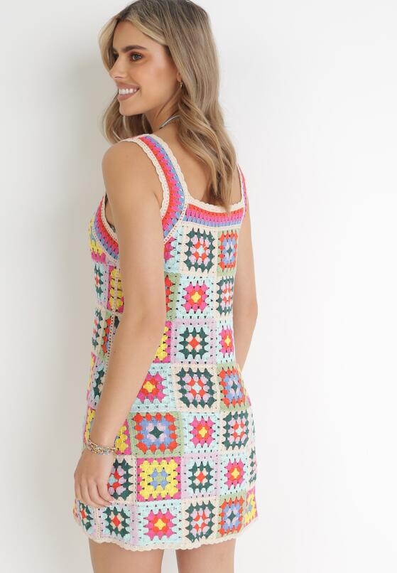 Niebiesko-Różowa Szydełkowa Sukienka Mini Patchwork na Szerokich Ramiączkach z Bawełny Kamilsa 3