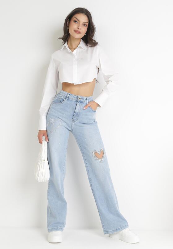 Jasnoniebieskie Jeansy z Wysokim Stanem i Wycięciem w Kształcie Serduszka z Cyrkoniami Obenora 2