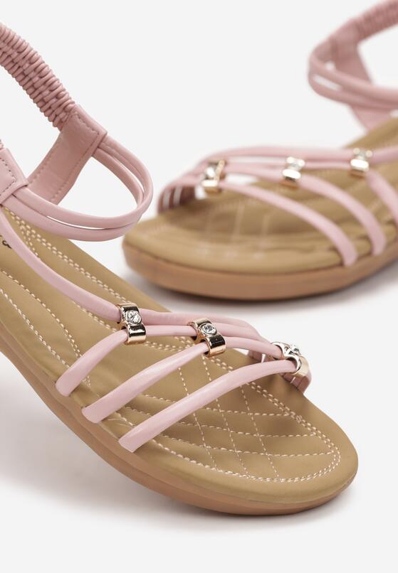 Różowe Wsuwane Sandały z Cienkimi Rzemykami Ozdobionymi Cyrkoniami Inoza 5