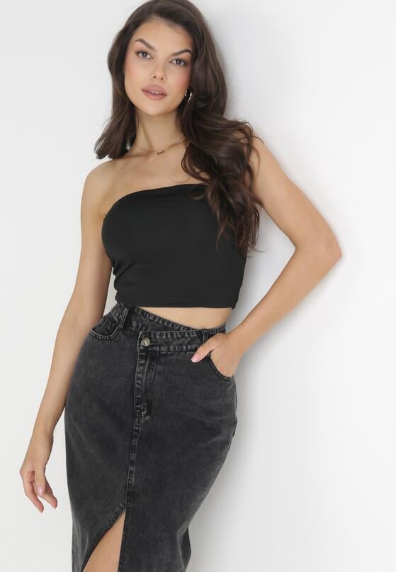 Czarna Jeansowa Spódnica Midi z Wysokim Stanem i Rozcięciem Tariva 4