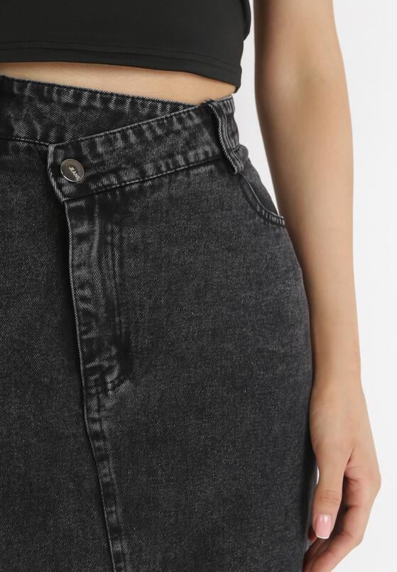 Czarna Jeansowa Spódnica Midi z Wysokim Stanem i Rozcięciem Tariva 5