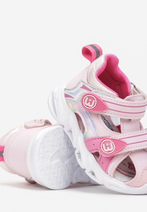 Różowe Sandały na Świecącej Podeszwie ze Skórzaną Wkładką i Rzepami Kaira 3