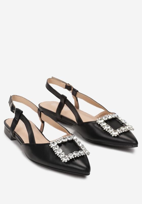 Czarne Płaskie Sandały z Noskiem w Szpic z Biżuteryjną Klamrą Prinsani