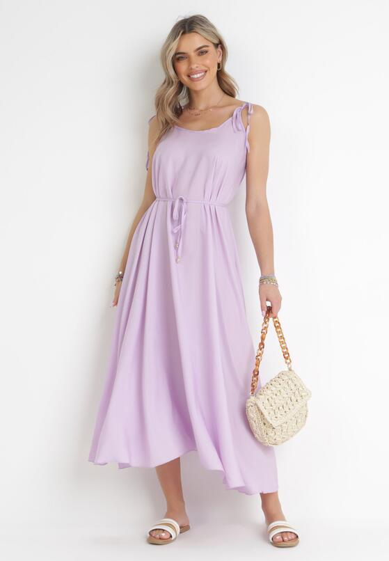 Fioletowa Trapezowa Sukienka z Wiązanymi Ramiączkami i Sznurkiem w Talii Feminia